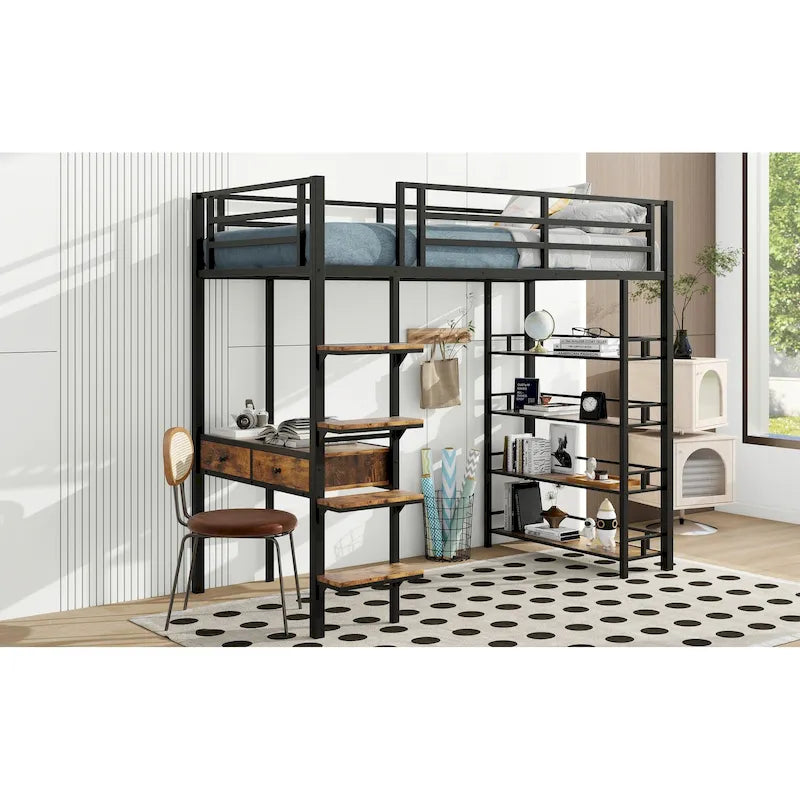 Lit mezzanine double en métal avec bureau et étagères