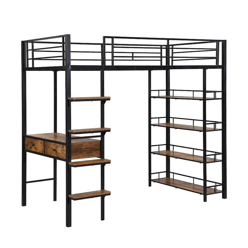 Lit mezzanine double en métal avec bureau et étagères