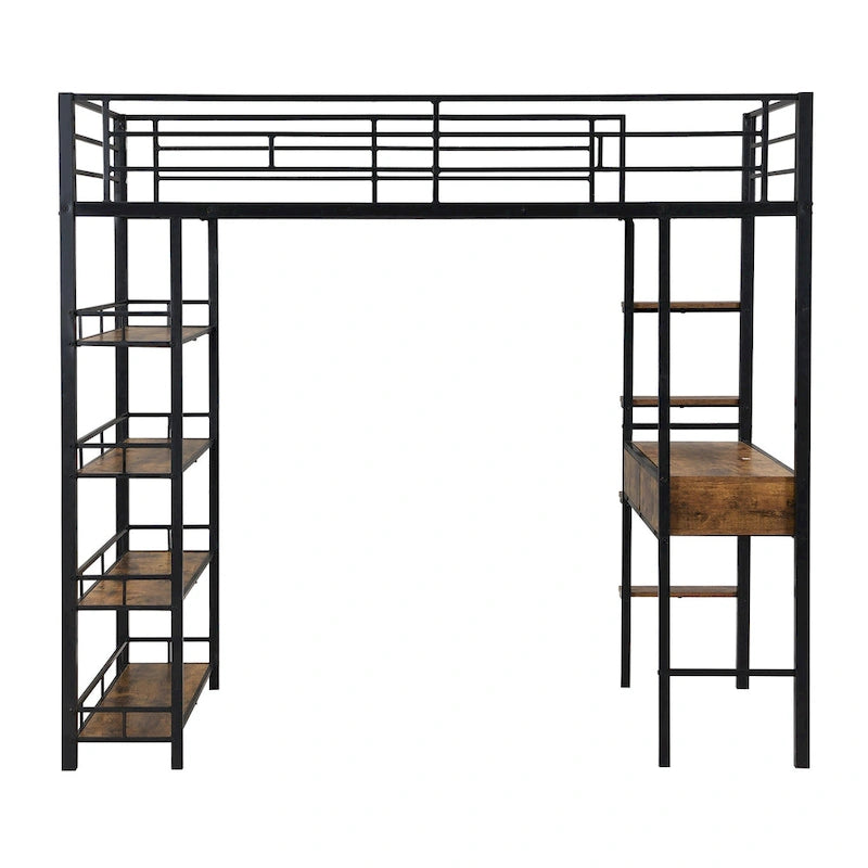 Lit mezzanine double en métal avec bureau et étagères
