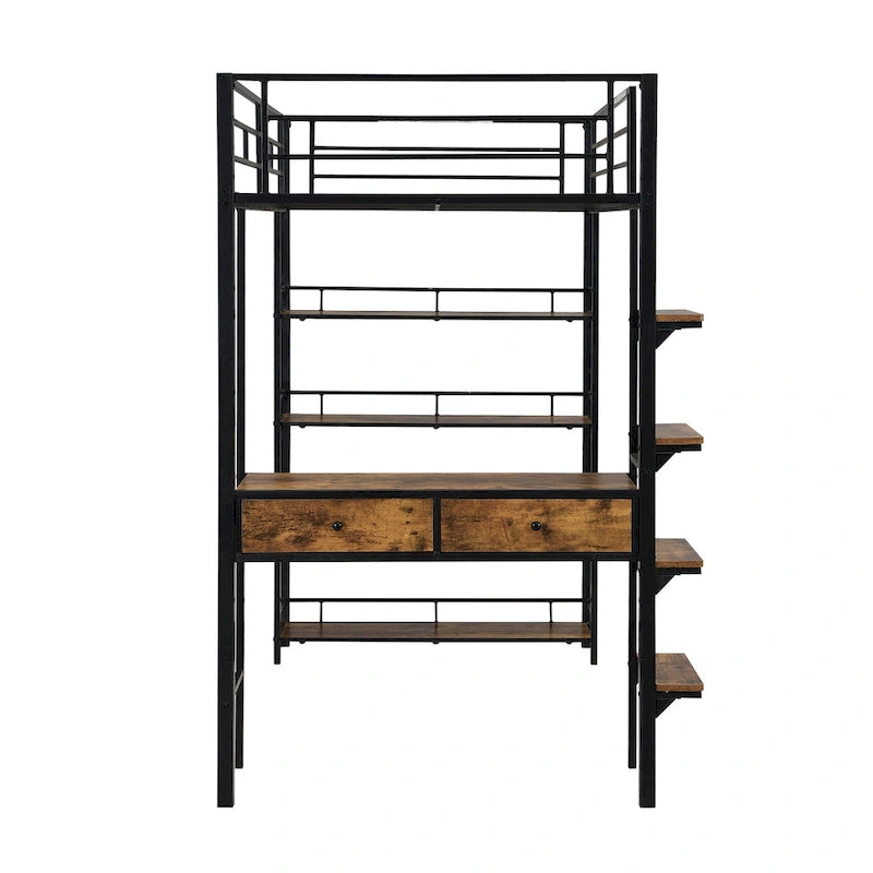 Lit mezzanine double en métal avec bureau et étagères