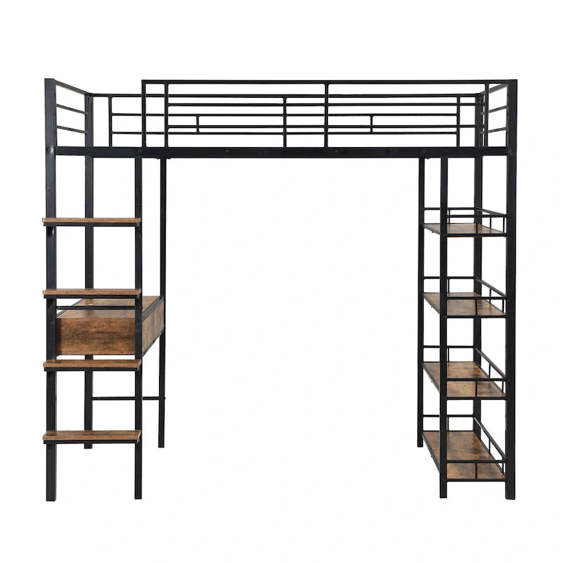 Lit mezzanine double en métal avec bureau et étagères