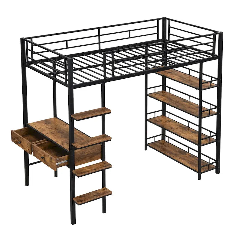 Lit mezzanine double en métal avec bureau et étagères