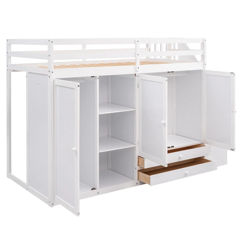 Lit mezzanine fonctionnel avec 3 étagères, 2 armoires et 2 tiroirs, échelle avec rangement