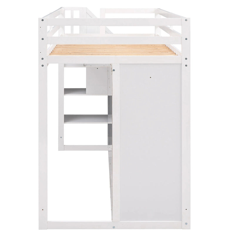 Lit mezzanine fonctionnel avec 3 étagères, 2 armoires et 2 tiroirs, échelle avec rangement