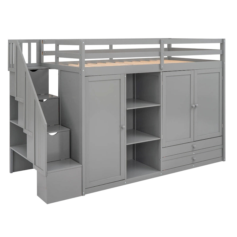 Lit mezzanine fonctionnel avec 3 étagères, 2 armoires et 2 tiroirs, échelle avec rangement