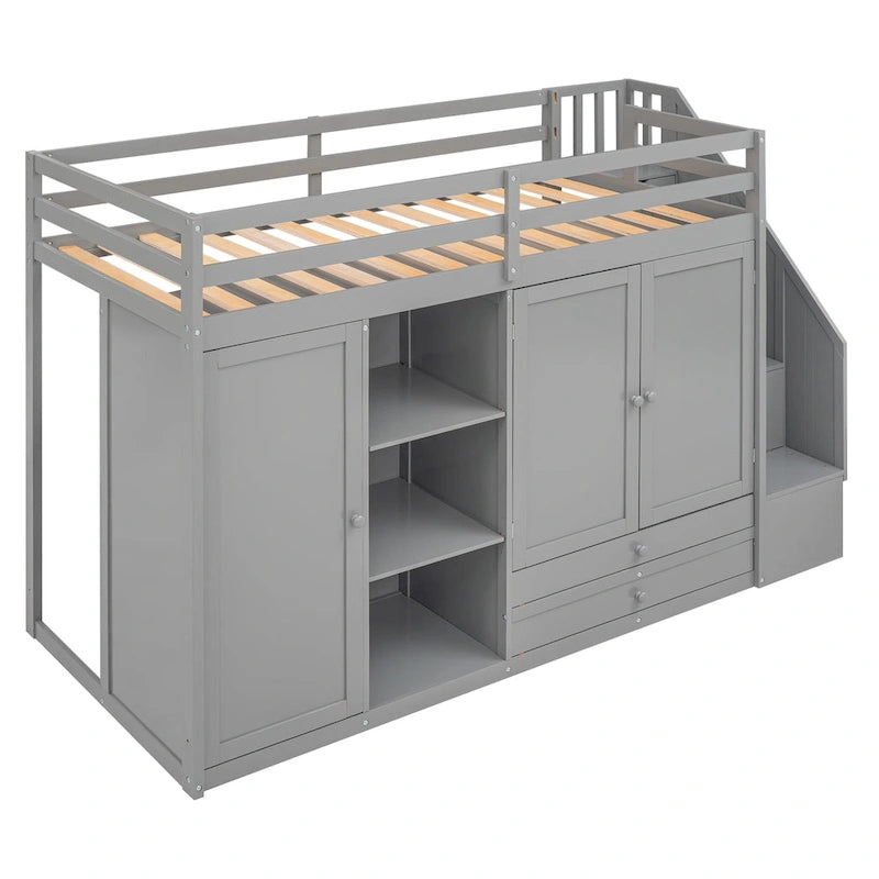 Lit mezzanine fonctionnel avec 3 étagères, 2 armoires et 2 tiroirs, échelle avec rangement