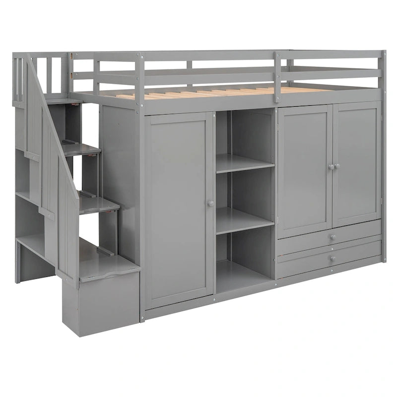 Lit mezzanine fonctionnel avec 3 étagères, 2 armoires et 2 tiroirs, échelle avec rangement