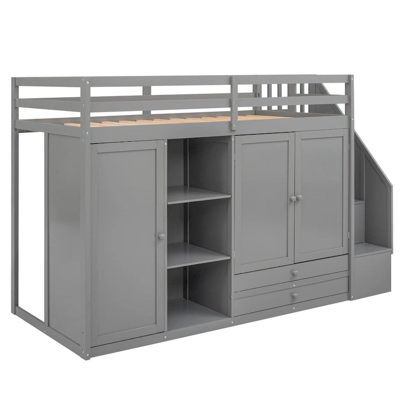 Lit mezzanine fonctionnel avec 3 étagères, 2 armoires et 2 tiroirs, échelle avec rangement