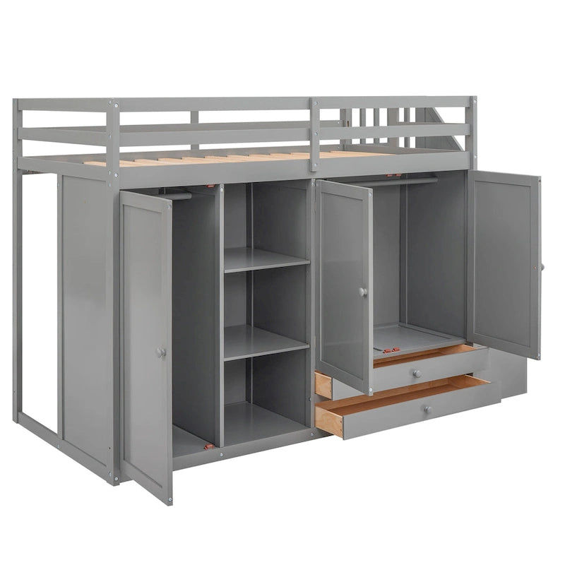 Lit mezzanine fonctionnel avec 3 étagères, 2 armoires et 2 tiroirs, échelle avec rangement