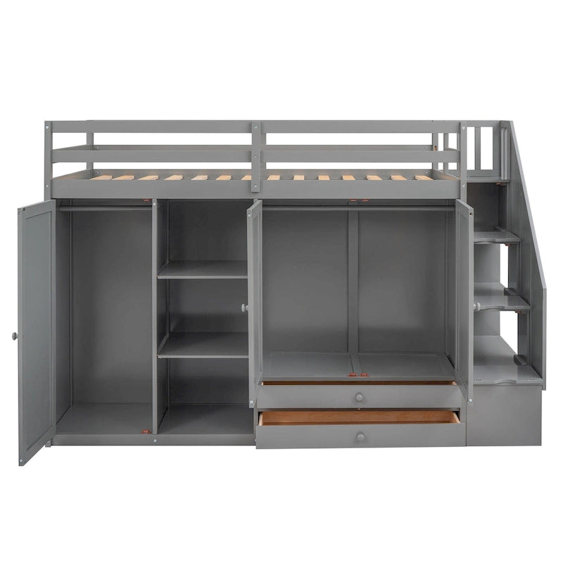 Lit mezzanine fonctionnel avec 3 étagères, 2 armoires et 2 tiroirs, échelle avec rangement