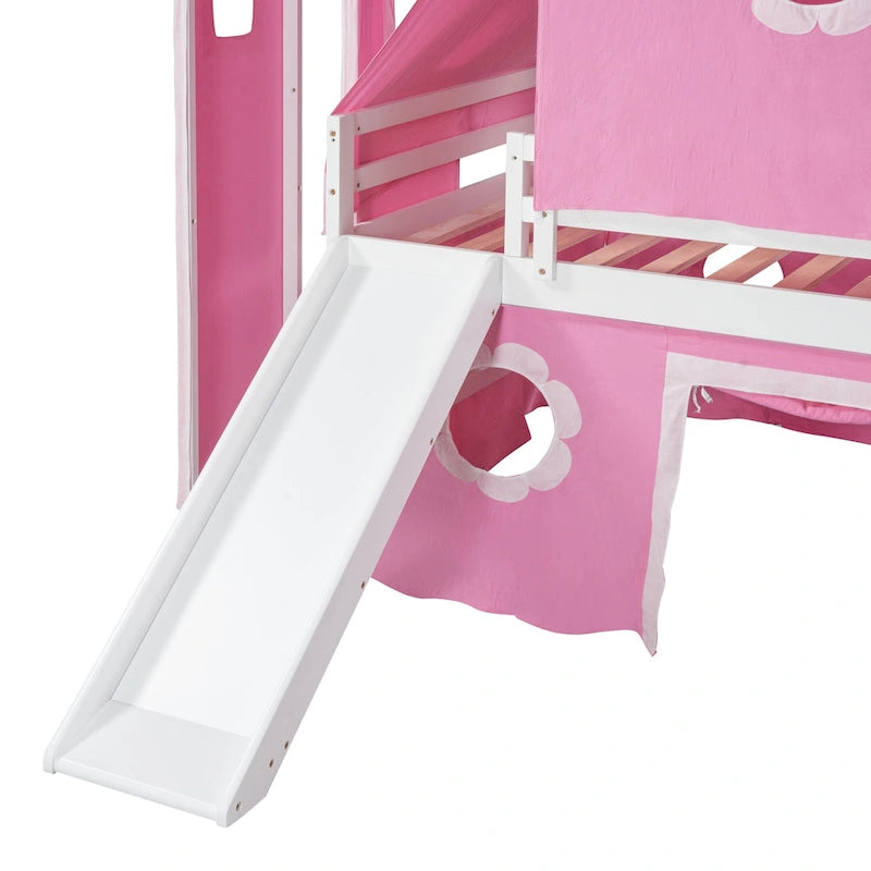 Lit mezzanine pleine grandeur avec tente rose et tour de toboggan