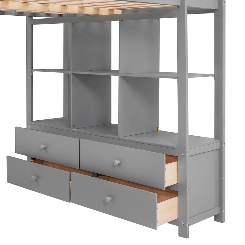 Full Size Loft Bed with Built-in Desk with Two Drawers, and Storage Shelves and Drawers
