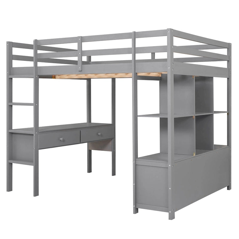 Lit mezzanine pleine grandeur avec bureau intégré à deux tiroirs, étagères de rangement et tiroirs