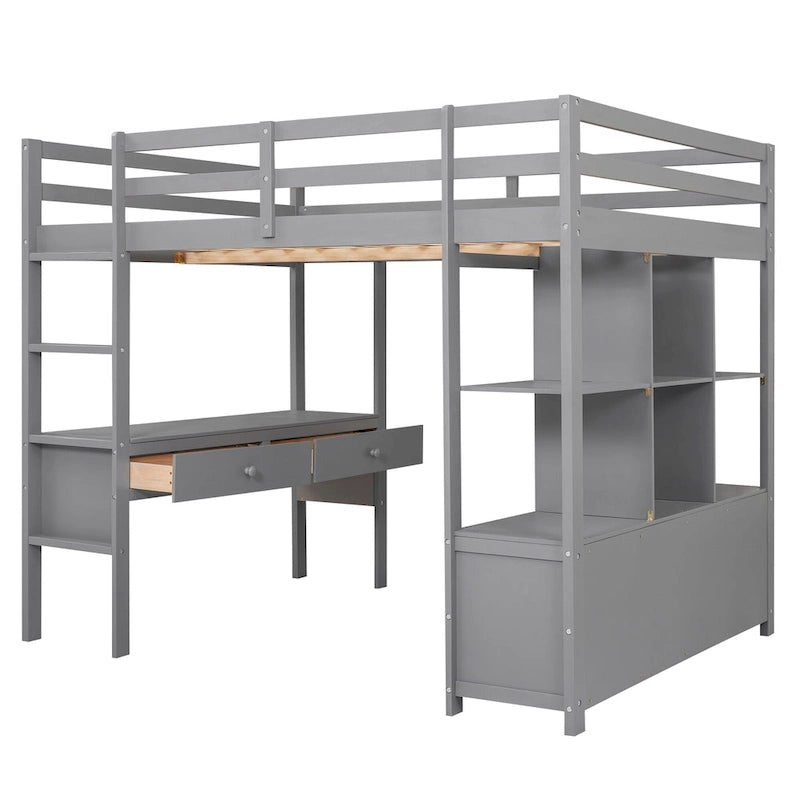 Lit mezzanine pleine grandeur avec bureau intégré à deux tiroirs, étagères de rangement et tiroirs