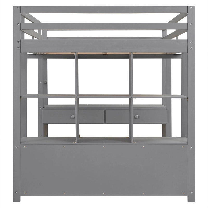 Lit mezzanine pleine grandeur avec bureau intégré à deux tiroirs, étagères de rangement et tiroirs