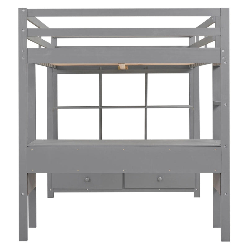 Lit mezzanine pleine grandeur avec bureau intégré à deux tiroirs, étagères de rangement et tiroirs