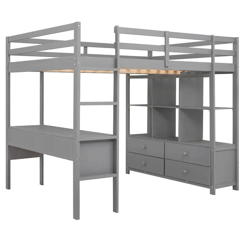 Lit mezzanine pleine grandeur avec bureau intégré à deux tiroirs, étagères de rangement et tiroirs