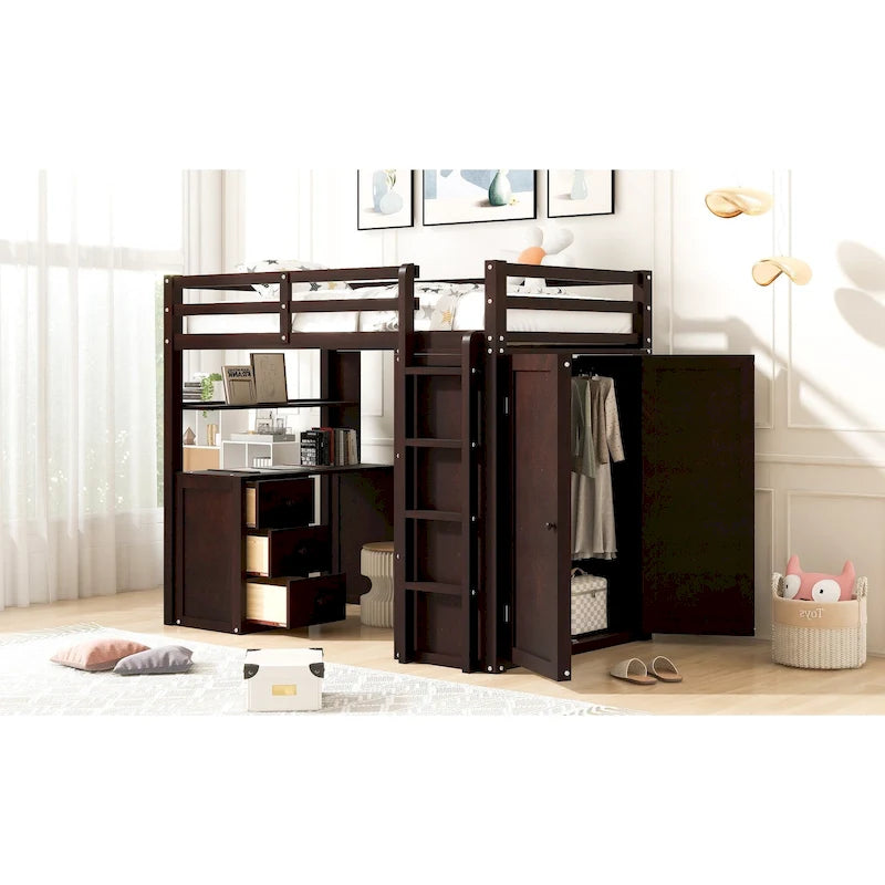 Lit mezzanine double avec tiroirs, bureau et armoire
