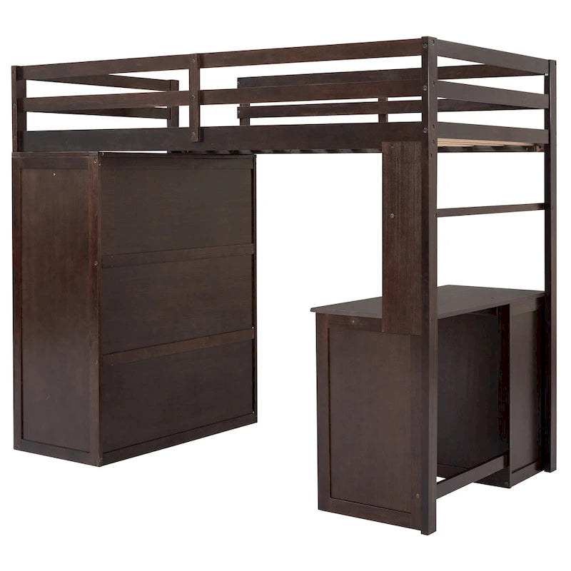 Lit mezzanine double avec tiroirs, bureau et armoire