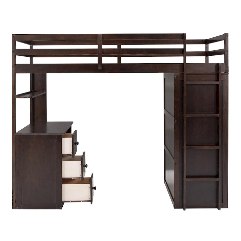 Lit mezzanine double avec tiroirs, bureau et armoire