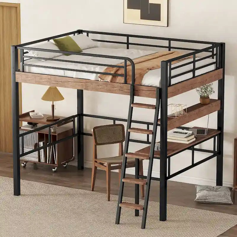 Lit mezzanine double en métal avec bureau intégré, étagère de rangement et échelle