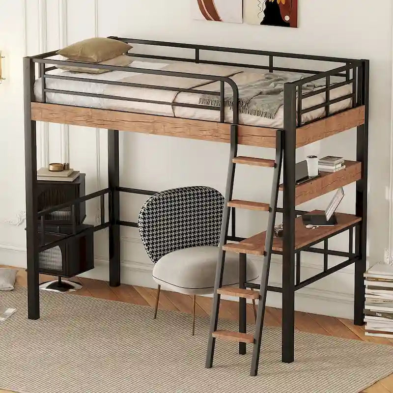 Lit mezzanine double en métal avec bureau intégré, étagère de rangement et échelle