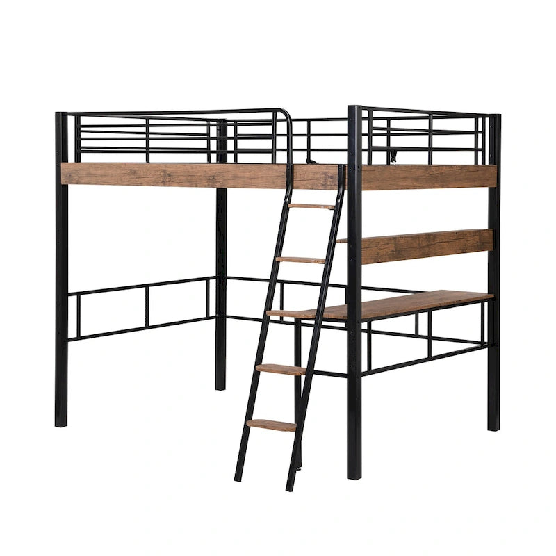 Lit mezzanine double en métal avec bureau intégré, étagère de rangement et échelle