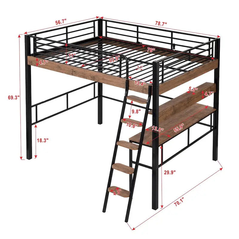 Lit mezzanine double en métal avec bureau intégré, étagère de rangement et échelle