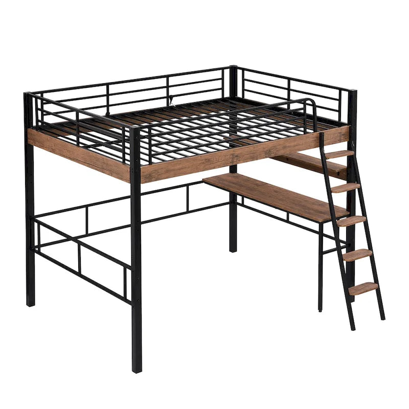 Lit mezzanine double en métal avec bureau intégré, étagère de rangement et échelle