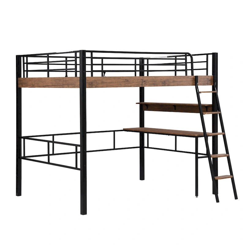 Lit mezzanine double en métal avec bureau intégré, étagère de rangement et échelle