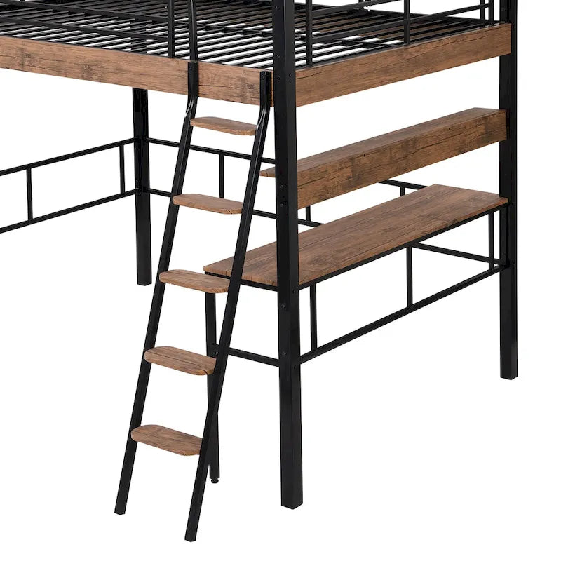 Lit mezzanine double en métal avec bureau intégré, étagère de rangement et échelle