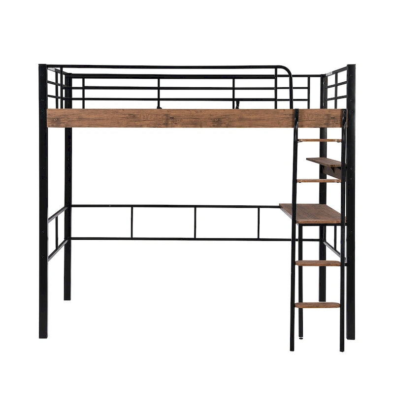 Lit mezzanine double en métal avec bureau intégré, étagère de rangement et échelle