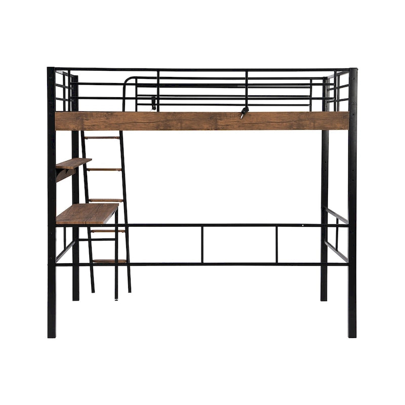 Lit mezzanine double en métal avec bureau intégré, étagère de rangement et échelle