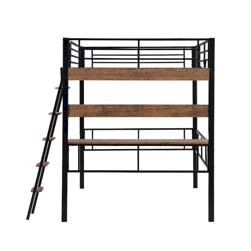 Lit mezzanine double en métal avec bureau intégré, étagère de rangement et échelle