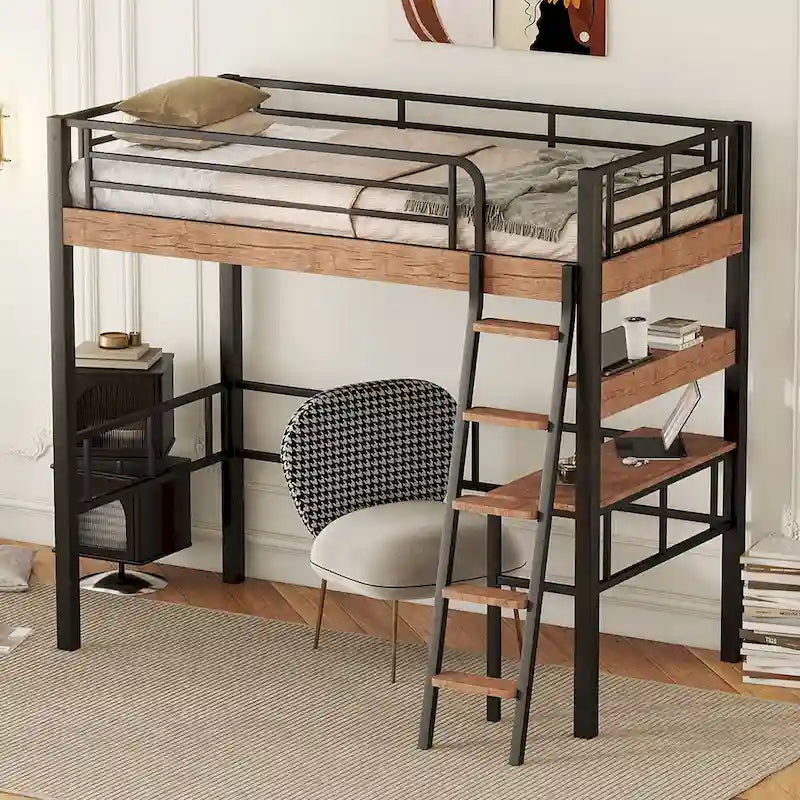 Lit mezzanine double en métal avec bureau intégré, étagère de rangement et échelle