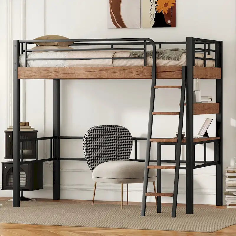 Lit mezzanine double en métal avec bureau intégré, étagère de rangement et échelle