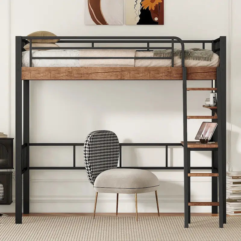 Lit mezzanine double en métal avec bureau intégré, étagère de rangement et échelle