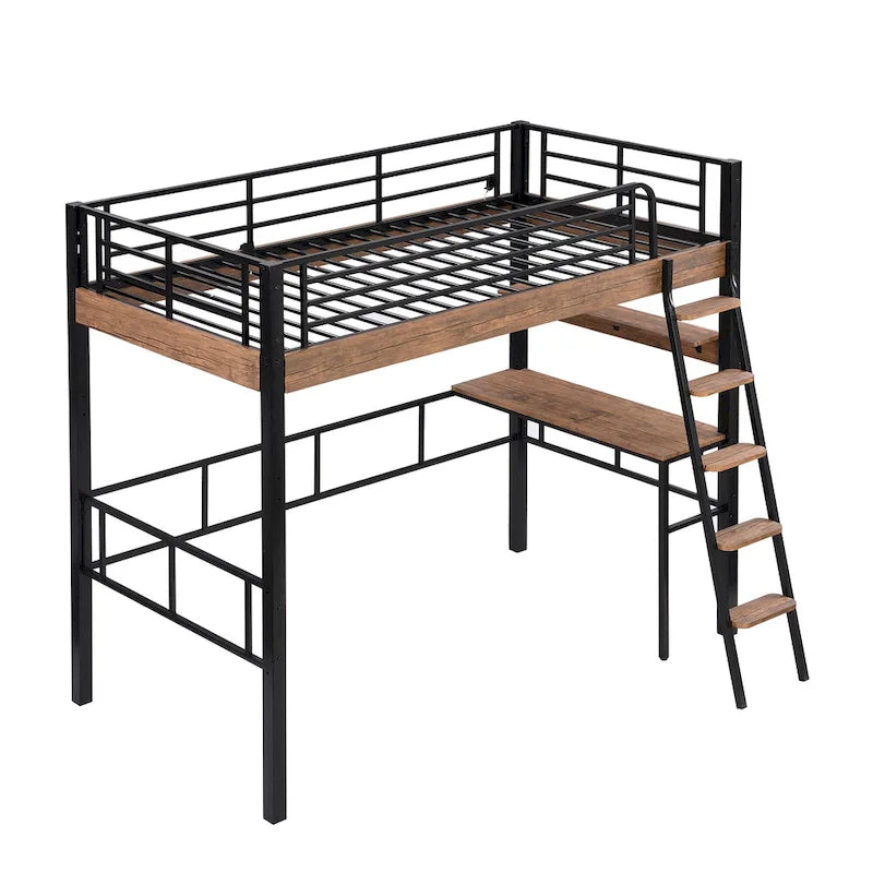 Lit mezzanine double en métal avec bureau intégré, étagère de rangement et échelle