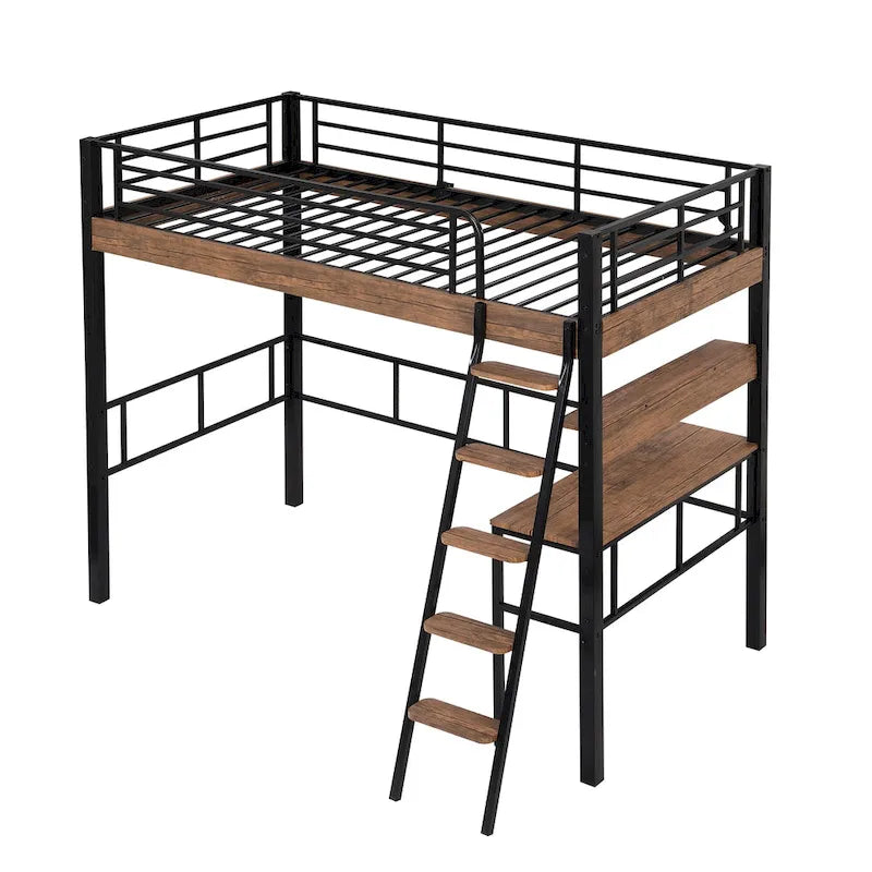 Lit mezzanine double en métal avec bureau intégré, étagère de rangement et échelle