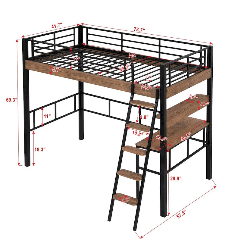 Lit mezzanine double en métal avec bureau intégré, étagère de rangement et échelle