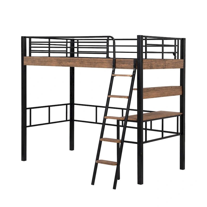 Lit mezzanine double en métal avec bureau intégré, étagère de rangement et échelle