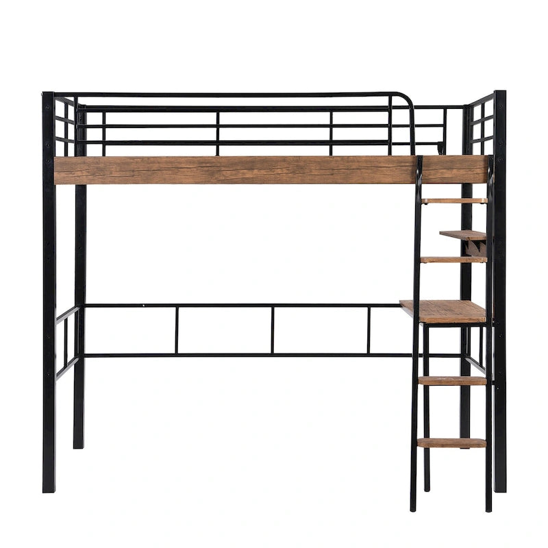 Lit mezzanine double en métal avec bureau intégré, étagère de rangement et échelle