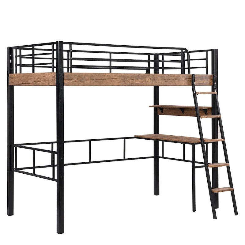 Lit mezzanine double en métal avec bureau intégré, étagère de rangement et échelle
