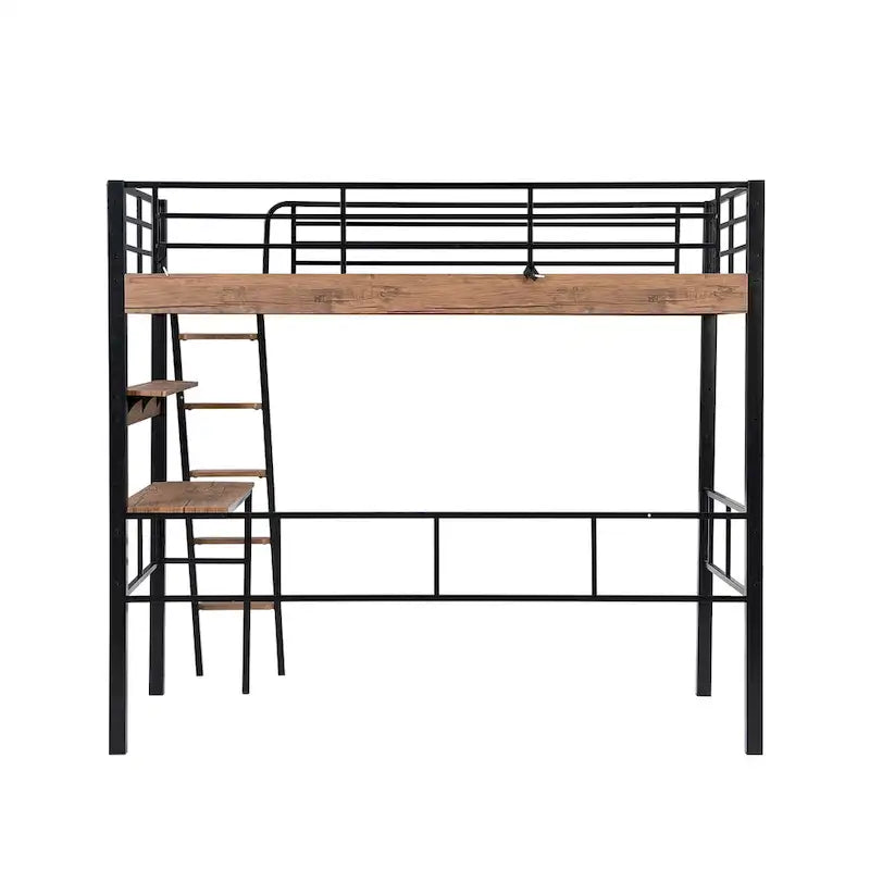 Lit mezzanine double en métal avec bureau intégré, étagère de rangement et échelle