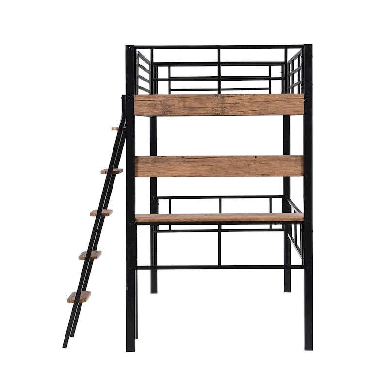 Lit mezzanine double en métal avec bureau intégré, étagère de rangement et échelle
