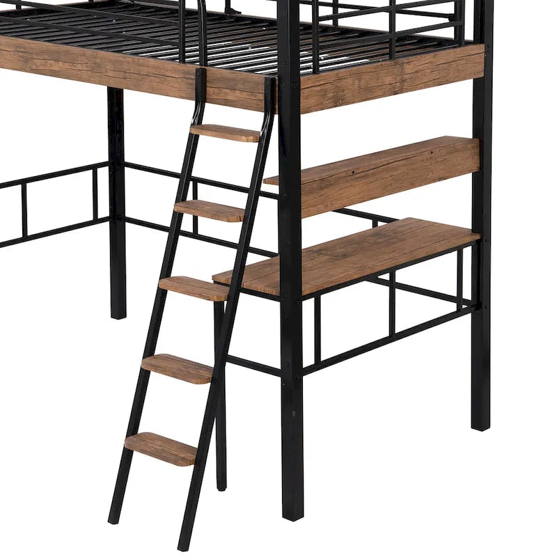 Lit mezzanine double en métal avec bureau intégré, étagère de rangement et échelle