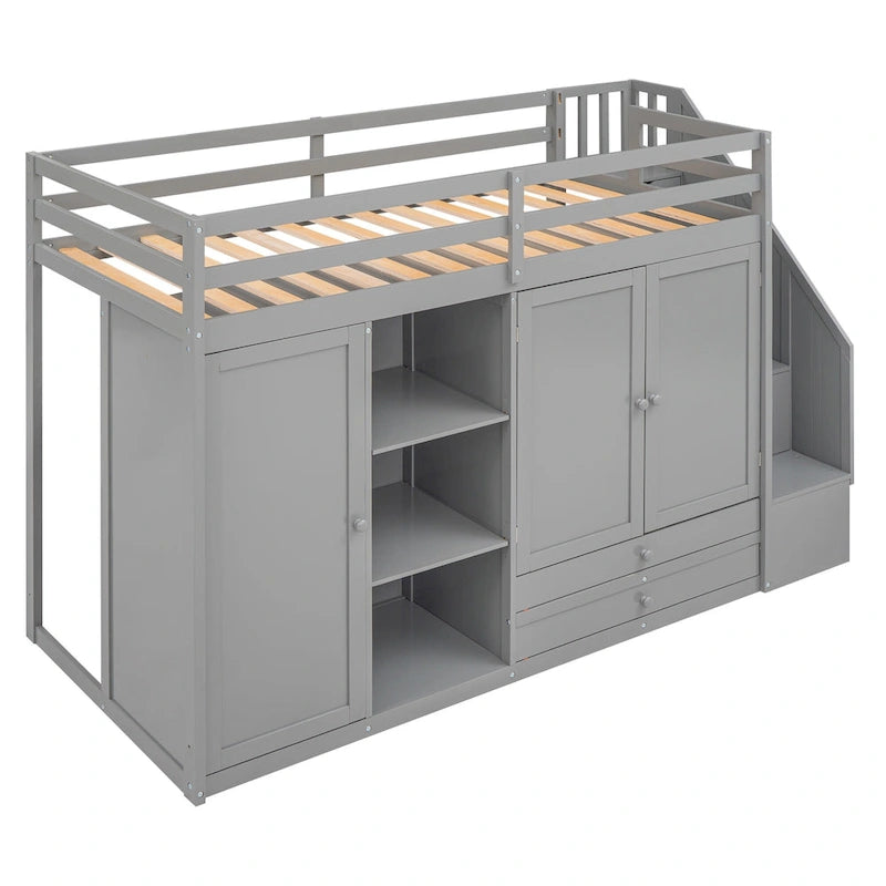 Lit mezzanine fonctionnel avec 3 étagères, 2 armoires, 2 tiroirs, échelle de rangement