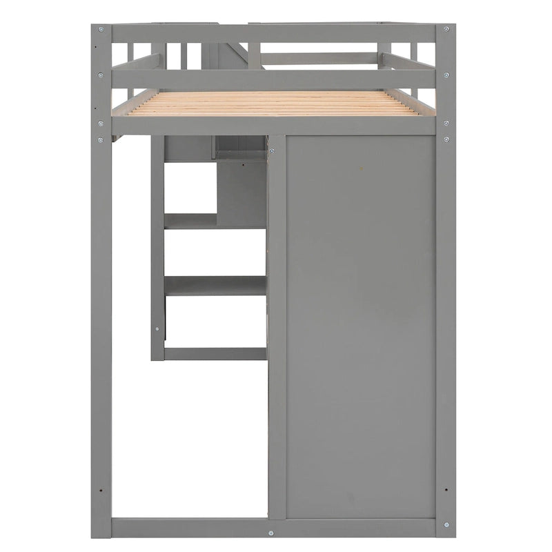 Lit mezzanine fonctionnel avec 3 étagères, 2 armoires, 2 tiroirs, échelle de rangement