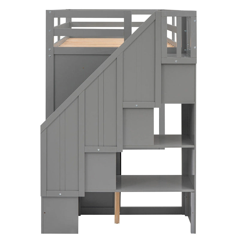 Lit mezzanine fonctionnel avec 3 étagères, 2 armoires, 2 tiroirs, échelle de rangement