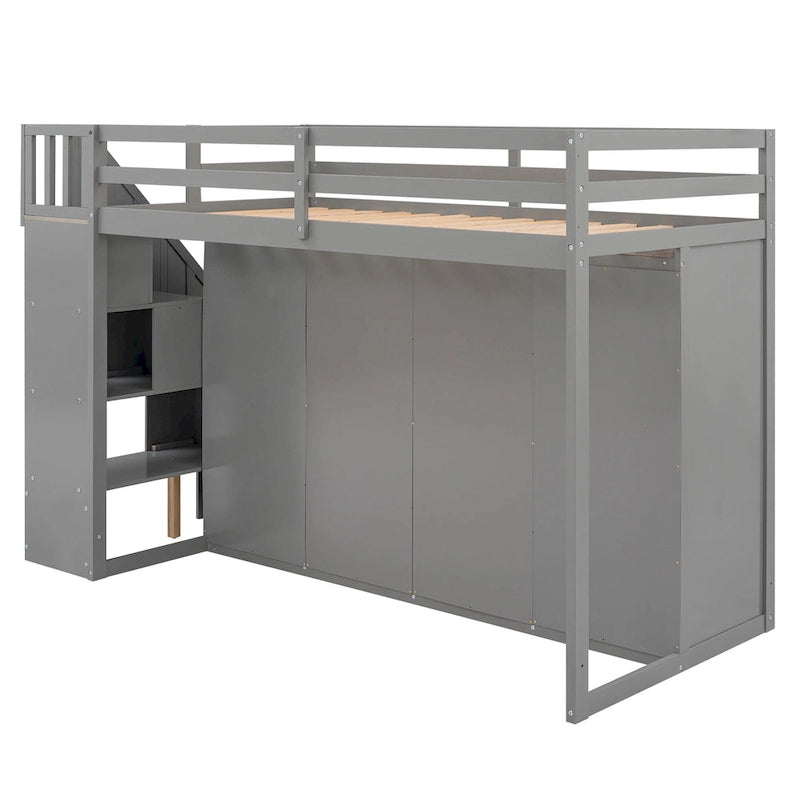 Lit mezzanine fonctionnel avec 3 étagères, 2 armoires, 2 tiroirs, échelle de rangement